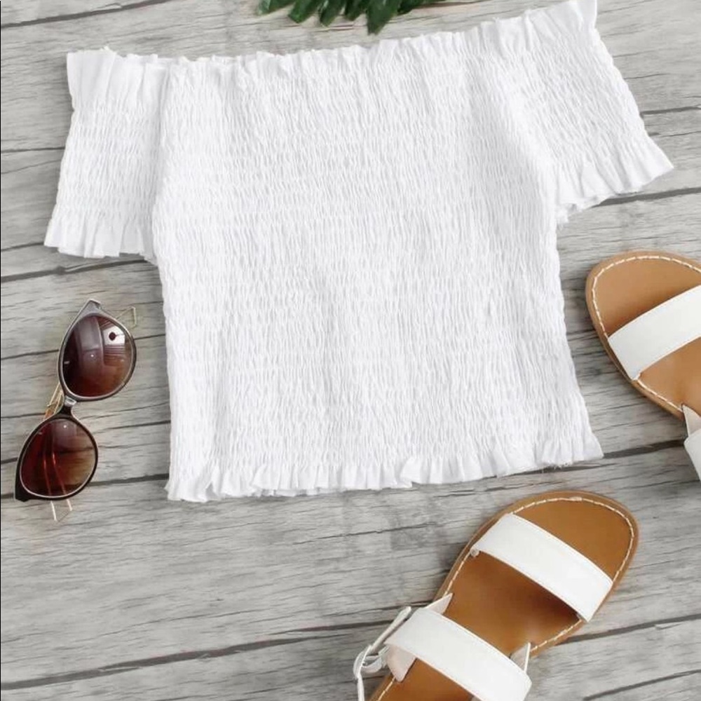 NWT Frill Trim Shirred Off Shoulder Crop Top